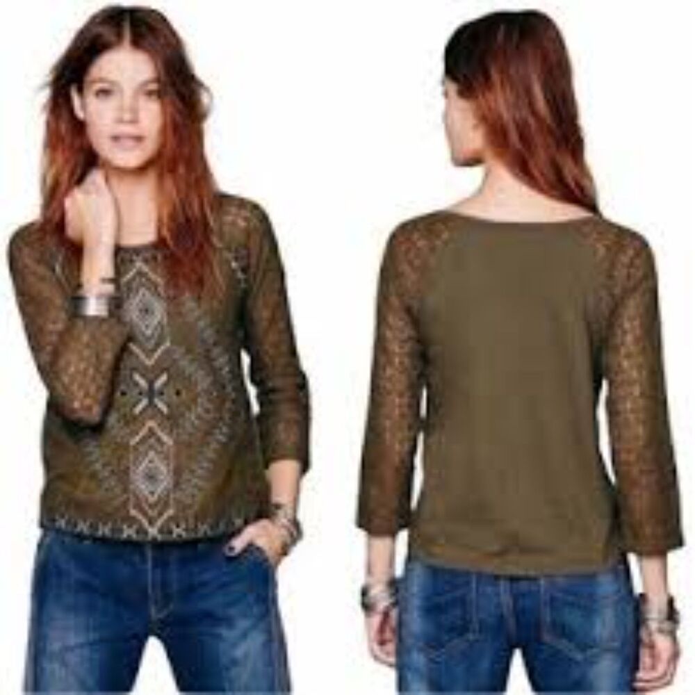 Free People Boho 3/4 Sleeves Embroidered Olive Green Small changing directions
